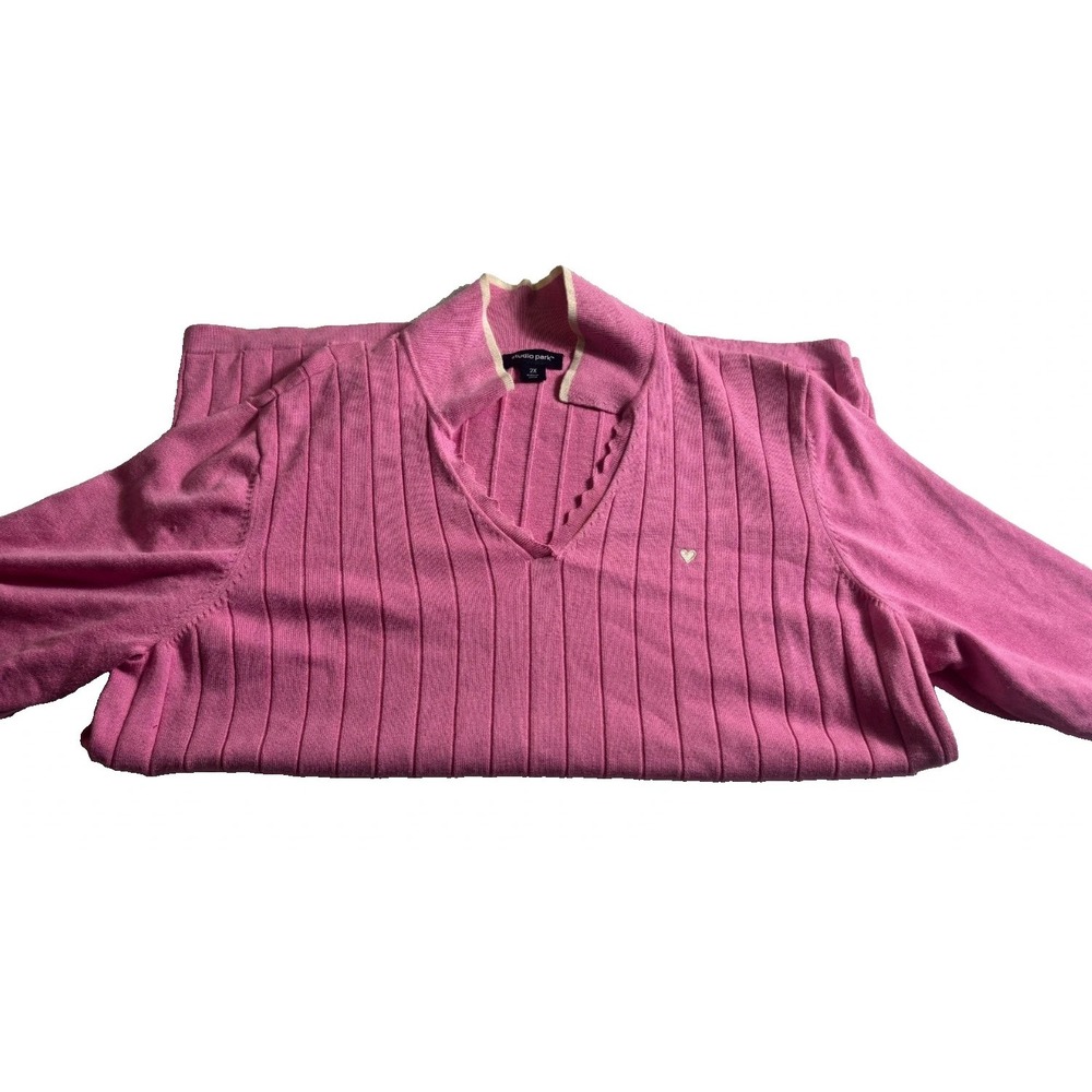 Studio Park Polo Sweater Womens 2X Pink Knitted Short Sleeve Slim Fit Collared
